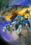  1980s_(style) aeug army battle beam_rifle debris energy_gun explosion gundam gundam_mk_ii highres hyaku_shiki mecha mecha_focus methuss mobile_suit official_art painting_(medium) retro_artstyle rick_dias robot scan shield space space_habitat space_station takani_yoshiyuki traditional_media v-fin weapon zero_gravity zeta_gundam zeta_gundam_(mobile_suit) 