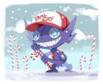  artsy-theo baseball_cap candy candy_cane cloud cloudy_sky creature day fatal_fury food full_body gen_3_pokemon grin hat holding holding_candy_cane looking_at_viewer no_humans outdoors pokemon pokemon_(creature) sableye signature sky smile solo standing 