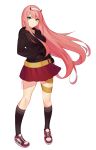  1girl artist_name bangs black_legwear black_sweater breasts commentary_request darling_in_the_franxx green_eyes hairband harukagi horns kneehighs large_breasts long_hair looking_at_viewer oni_horns pink_hair rd_skirt red_horns simple_background solo sweater white_background zero_two_(darling_in_the_franxx) 