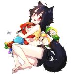  1girl animal_ears ass bare_arms barefoot black_hair black_shorts blush character_request commentary_request dated ejami ekko_(ejami) fox_ears fox_girl fox_tail full_body long_hair looking_at_viewer original red_eyes shirt short_shorts shorts signature simple_background sleeveless smile tail white_background yellow_shirt 
