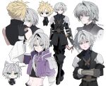  2boys :3 absurdres age_switch aged_down aged_up animal_ears arm_armor arm_around_back arm_up armor asymmetrical_sleeves belt black_boots black_coat black_gloves black_pants black_shirt black_sweater black_vest blonde_hair blue_eyes boots brown_belt cat_ears chest_strap chibi chibi_inset chinese_text cloud_strife coat cosplay crop_top cropped_jacket crossed_arms earrings expressionless final_fantasy final_fantasy_ix final_fantasy_vii final_fantasy_vii_advent_children final_fantasy_vii_ever_crisis fingerless_gloves glaring gloves green_eyes grey_hair groin hand_on_another&#039;s_shoulder height_difference highres holding holding_sword holding_weapon jacket jewelry katana kemonomimi_mode kiliko-san knee_boots kuja kuja_(cosplay) long_sleeves looking_at_viewer male_focus midriff multiple_boys multiple_views navel official_alternate_costume pants pauldrons purple_jacket sephiroth sephiroth_(ever_crisis) serious shirt short_hair shoulder_armor shoulder_strap single_pauldron single_sleeve slit_pupils spiked_hair stud_earrings sweater sword time_paradox translation_request turtleneck turtleneck_sweater vest waist_cape weapon white_background wide_sleeves yaoi 
