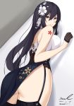  1girl ass azuma_(azur_lane) azuma_(soft_voice_of_spring)_(azur_lane) azur_lane bare_shoulders black_hair breasts brown_eyes china_dress chinese_clothes cowboy_shot dated dress flower garter_straps gloves grin hair_between_eyes hair_flower hair_ornament half_gloves highres kanzashi large_breasts long_hair looking_at_viewer looking_back pelvic_curtain revision signature smile solo thighhighs thighs twitter_username unel white_flower 