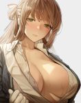  1girl backlighting bangs blazer blue_jacket blush breasts brown_hair cleavage collared_shirt girls_frontline gloves green_eyes hair_between_eyes hair_ribbon hair_rings hyury jacket large_breasts long_hair looking_at_viewer m1903_springfield_(girls_frontline) open_clothes open_jacket open_shirt partially_unbuttoned ribbon shirt sidelocks solo twintails upper_body wet white_gloves 