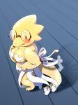 alphys anthro beady_eyes big_breasts blush breasts buckteeth clothed clothing embarrassed eyewear female glasses ineffective_clothing looking_at_viewer non-mammal_breasts reptile scales scalie side_view skimpy solo standing teeth thick_tail tori_(artist) undertale video_games yellow_body yellow_scales 