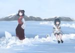  2girls barefoot black_footwear black_hair blue_sky hat iceberg ichiba_youichi japanese_clothes mountain mountainous_horizon multiple_girls murasa_minamitsu ocean peaked_cap sailor_collar sailor_hat short_hair short_sleeves shorts sitting sky standing touhou water yasaka_kanako 