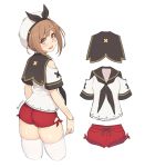  1girl ass atelier_(series) atelier_ryza bare_arms bare_shoulders black_neckwear blush bracelet brown_eyes brown_hair commentary_request cropped_legs dan_(kumadan) eyebrows_visible_through_hair from_behind hair_ornament hairclip hat hat_ribbon highres jewelry looking_at_viewer looking_back neckerchief open_mouth red_shorts ribbon sailor_collar school_uniform serafuku shirt short_hair short_shorts shorts simple_background skindentation smile solo thighhighs thighs white_background white_headwear 