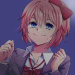  1girl bangs blue_background blue_eyes bow clenched_hands crying crying_with_eyes_open doki_doki_literature_club empty_eyes grey_jacket hair_between_eyes hair_bow hands_up jacket long_sleeves looking_at_viewer nachi_(respectdrums) open_clothes open_jacket pink_hair red_bow sayori_(doki_doki_literature_club) school_uniform short_hair simple_background smile solo spoilers tears upper_body 