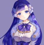  1girl blue_eyes blue_hair closed_mouth fire_emblem fire_emblem_echoes:_shadows_of_valentia flower fur_trim hair_flower hair_ornament jurge long_hair rinea_(fire_emblem) simple_background smile solo upper_body 