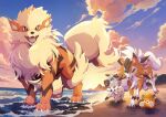  animal_focus arcanine beach blue_eyes brown_eyes claws cloud commentary_request evolutionary_line fangs green_eyes highres kechon-san looking_at_viewer lycanroc lycanroc_(dusk) mountain no_humans ocean open_mouth outdoors pawmi pokemon pokemon_(creature) rockruff smile tongue tree water 