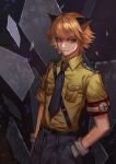  1boy absurdres animal_ears belt cat_boy cat_ears gloves hand_in_pocket hanh_chu hellsing highres military_uniform nazi necktie pink_eyes sam_browne_belt schroedinger_(hellsing) short_hair solo swastika white_gloves 