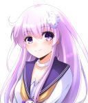  1girl bangs blush collar collarbone commentary d-pad d-pad_hair_ornament doria_(5073726) dress eyebrows_visible_through_hair hair_between_eyes hair_ornament long_hair looking_at_viewer neckerchief nepgear neptune_(series) purple_eyes purple_hair sailor_collar sailor_dress sidelocks simple_background smug solo upper_body white_background white_dress yellow_neckwear 