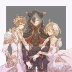  1girl 2boys animal_ears bisexual_(male) blonde_hair blue_hair brown_eyes chabo213 commentary_request djeeta_(granblue_fantasy) dress erune flower gran_(granblue_fantasy) granblue_fantasy hair_flower hair_ornament hood knights_of_glory locked_arms mask multiple_boys six_(granblue_fantasy) the_glory white_armor white_dress white_flower 