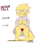  &lt;3 alphys anthro blush bodily_fluids bottomless buckteeth censored clothed clothing clothing_lift coat coat_lift embarrassed eyes_closed eyewear female front_view genitals glasses hi_res lab_coat nervous pigeon_toed presenting presenting_pussy pussy reptile scales scalie solo standing sweat teeth thick_tail topwear undertale video_games wavy_mouth yajima yellow_body yellow_scales 