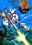  1980s_(style) aeug battle bazooka_(gundam) blue_sky burning cable cloud debris destruction fake_screenshot fire firing forest freefall gm_ii gundam gundam_mk_ii hizack machinery mecha mecha_focus mobile_suit nature painting_(medium) realistic retro_artstyle rick_dias river robot scan science_fiction sky smoke takani_yoshiyuki thrusters traditional_media v-fin zeta_gundam 