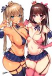  2girls asymmetrical_docking bangs bare_shoulders bikini blonde_hair blue_eyes blue_skirt blush breast_press breasts brown_hair cleavage crown detached_sleeves elbow_gloves eyebrows_visible_through_hair garter_straps gloves hand_on_hip highleg highleg_bikini jewelry large_breasts long_hair looking_at_viewer matarou_(genkai_toppa) microskirt mini_crown mole mole_under_eye multiple_girls navel neck_ring one_side_up original pink_bikini pink_gloves pink_legwear purple_bikini purple_legwear purple_nails side-tie_bikini sidelocks simple_background skindentation skirt smile stomach swimsuit twintails w white_background 