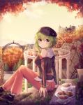  1girl arch autumn autumn_leaves belt black_shirt black_tea blueberry cabbie_hat castle commentary cup food fruit green_eyes green_hair gumi hat highres leaf light_blush looking_at_viewer looking_to_the_side maple_leaf off-shoulder_shirt off_shoulder outdoors pants pink_pants plate raspberry sakakidani shirt shoes sitting smile sneakers solo stairs tea teacup tree vocaloid waffle 