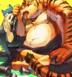  2010 anthro belly blue_body blue_fur canid canine canis clothing duo felid fur humanoid_hands kemono male mammal matotoma moobs nipples overweight overweight_male pantherine robe sitting tiger wolf 