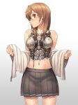  1girl android_girl_(itou) bare_shoulders breasts brown_eyes brown_hair closed_mouth commentary_request cowboy_shot doll_joints grey_skirt itou_(onsoku_tassha) joints long_hair looking_at_viewer medium_breasts navel original parts_exposed pleated_skirt profile simple_background skirt solo standing sweatdrop tears wet white_background wide-eyed 