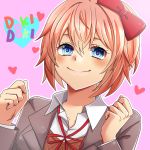  1girl bangs blue_eyes blush bow clenched_hands commentary_request doki_doki_literature_club grey_jacket hair_between_eyes hair_bow hands_up heart jacket logo long_sleeves looking_at_viewer nachi_(respectdrums) open_clothes open_jacket outline pink_background pink_hair red_bow sayori_(doki_doki_literature_club) school_uniform short_hair simple_background smile solo upper_body white_outline 