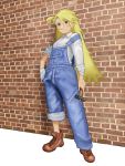  1girl blonde_hair boots breasts flasso highres long_hair looking_at_viewer original overalls solo 