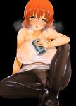  1girl bangs black_background black_legwear blush breasts brown_eyes covered_nipples heavy_breathing large_breasts looking_at_viewer nipples open_mouth original pantyhose red_hair sakuru see-through_silhouette short_hair simple_background sitting solo wet wet_clothes 