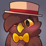  1:1 7th_beat_games after_transformation avian beak bird blush blush_lines bow_tie brown_body brown_feathers brown_hair bust_portrait clothing embarrassed feathers grey_background hair hair_over_eye hat hat_band headgear headwear icon lidded_eyes orange_sclera owl owl_(rhythm_doctor) portrait rhythm_doctor rindeadsong simple_background solo species_transformation tan_hat tan_headwear transformation willow_(willowpoke) yellow_beak yellow_bow_tie 