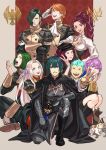  4girls 5boys bernadetta_von_varley black_hair blue_hair braid byleth_(fire_emblem) byleth_(fire_emblem)_(male) calico cape caspar_von_bergliez cat dorothea_arnault edelgard_von_hresvelg epaulettes ferdinand_von_aegir fire_emblem fire_emblem:_three_houses garreg_mach_monastery_uniform green_hair hair_over_one_eye hair_ribbon highres hubert_von_vestra linhardt_von_hevring long_hair long_sleeves looking_at_viewer misica multiple_boys multiple_girls orange_hair pantyhose petra_macneary purple_eyes purple_hair red_cape ribbon short_hair sleepy smile uniform white_hair yawning 