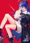  1girl 9degree absurdres arknights black_shorts blue_eyes blue_hair blue_tongue coat commentary_request energy_wings fur-trimmed_coat fur-trimmed_hood fur-trimmed_jacket fur_trim halo highres jacket looking_at_viewer mostima_(arknights) shorts 