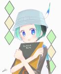  :o aqua_hair blue_eyes blush hat_feather kemono_friends looking_at_viewer object_hug short_hair signature sketchbook solo upper_body uzuki_machi very_short_hair white_background 