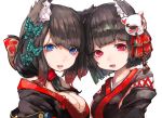  2girls animal_ears azur_lane bangs bell black_hair black_kimono blue_eyes blunt_bangs breasts butterfly_hair_ornament cat_ears cat_mask cleavage fang fox_mask fusou_(azur_lane) hair_ornament japanese_clothes jingle_bell kimono looking_at_viewer mask mask_on_head medium_breasts multiple_girls nyucha open_mouth red_eyes sideboob smile tail tail_bell upper_body yamashiro_(azur_lane) 