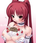  breast_squeeze breasts brown_eyes cherry choker dessert elbow_gloves food fruit gloves kei_jiei kousaka_tamaki large_breasts long_hair mouth_hold nipples red_hair ribbon-trimmed_gloves ribbon_trim solo strawberry to_heart_2 white_gloves 