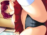  black_panties blinds blush bow bow_panties breasts brown_eyes cameltoe dutch_angle from_below game_cg indoors kousaka_tamaki lace lace-trimmed_panties lace_panties large_breasts long_hair naughty_face navel nipples panties pleated_skirt red_hair sitting skirt skirt_lift solo splush_wave spread_legs st.germain-sal thighhighs to_heart_2 topless underwear white_legwear window 