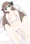  amatsuka_haruka baby_princess barefoot bikini bow breasts brown_hair cleavage feet food food_print food_themed_clothes fruit green_eyes hair_bow kusaka_souji long_hair lying medium_breasts on_back ribbon solo strawberry_print swimsuit 