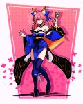  /\/\/\ 1girl absurdres animal_ear_fluff animal_ears bare_shoulders blue_kimono blue_legwear blue_ribbon breasts cleavage closed_eyes commentary demonx20 detached_sleeves fate/extra fate/grand_order fate_(series) fox_ears fox_girl fox_tail full_body hair_ribbon highres huge_filesize japanese_clothes kimono large_breasts looking_at_viewer pink_hair ribbon solo tail tamamo_(fate)_(all) tamamo_no_mae_(fate) yellow_eyes 