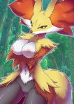  2020 anthro breasts canid canine delphox detailed_background female fur genitals hi_res kicktyan mammal nintendo nipples pok&eacute;mon pok&eacute;mon_(species) pussy red_body red_fur solo video_games yellow_body yellow_fur 