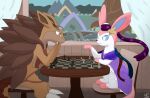 apron biped chair chess classy claws clothing colored curtains duo eeveelution english_description eyewear female furniture generation_1_pokemon generation_6_pokemon goggles hi_res inside knee_guards light lighting lily_kobold lyra_(lily_kobold) nintendo open_window playing_chess pokemon pokemon_(species) pokemon_mystery_dungeon quadruped sandslash shaded shadow signature sitting smile spike_chunsoft sylveon