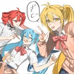  3girls ahoge akita_neru antenna_hair art_brush black_choker blonde_hair blue_nails bow bowtie brooch cardigan cardigan_around_waist choker clothes_around_waist drawing_on_another&#039;s_face drill_hair drooling fingernails fish hair_between_eyes hatsune_miku highres jewelry kasane_teto long_hair long_sleeves lying multiple_girls on_back open_mouth paintbrush pink_cardigan ponytail red_bow red_bowtie red_eyes red_nails shirt short_sleeves simple_background sleeping speech_bubble striped_bow striped_bowtie striped_clothes sweatdrop tdinhphung tongue tongue_out translation_request triple_ryuunen twin_drills utau vocaloid white_background white_shirt zako_(vocaloid) 