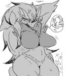  2019 anthro big_breasts black_and_white bodily_fluids breasts duo female fur hair hi_res kemono long_hair meisaikawaii monochrome navel nintendo one_eye_closed pok&eacute;mon pok&eacute;mon_(species) raised_arm simple_background snout solo_focus standing sweat tongue tongue_out video_games white_background zoroark 