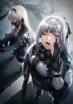  2girls ak-12 ak-12_(girls_frontline) akanbe an-94 an-94_(girls_frontline) assault_rifle bangs black_ribbon blue_eyes braid eyebrows_visible_through_hair french_braid from_above gas_mask girls_frontline gloves gun highres long_hair multiple_girls open_mouth partly_fingerless_gloves pink_eyes platinum_blonde_hair ribbon rifle rin_(028ilc) sidelocks silver_hair standing tactical_clothes taunting tongue tongue_out weapon 
