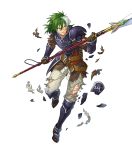  1boy armor belt boots fire_emblem fire_emblem:_the_blazing_blade fire_emblem_heroes full_body gloves green_eyes green_hair heath_(fire_emblem) highres injury long_hair multicolored_hair official_art polearm solo spear teeth torn_clothes transparent_background two-tone_hair weapon white_hair 