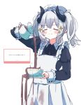  &gt;:) 1girl :&lt; absurdres animal_ears apron arm_up black_dress black_ribbon blush blush_stickers closed_eyes closed_mouth collared_dress cowboy_shot cup curled_horns demon_girl demon_horns doyagao dress drink english_text facing_viewer failure frilled_apron frills grey_hair hair_between_eyes hair_bun hair_intakes hair_ornament hair_ribbon hand_up hat highres holding holding_cup holding_plate holding_saucer holding_teapot horns juliet_sleeves long_hair long_sleeves maid maid_apron maid_headdress milltina_(vrchat) mob_cap neck_ribbon nono_datenshia plate pouring puffy_long_sleeves puffy_sleeves ribbon saucer sidelocks simple_background skirt sleeves_past_wrists smile smug solo sparkle spilling stained_clothes standing tea teacup teapot tray twintails upper_body v-shaped_eyebrows vrchat white_apron white_background wrist_cuffs you&#039;re_doing_it_wrong 