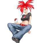  1girl asuna_(pokemon) belt black_shirt breasts commentary_request covered_nipples crop_top denim flame_print gym_leader jeans long_hair looking_at_viewer midriff navel open_mouth pants poke_ball poke_ball_(generic) pokemon pokemon_(game) pokemon_rse ponytail red_eyes red_hair shirt shoes shu-mai sitting smile solo white_background 