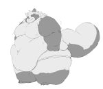 absurd_res anthro belly belly_overhang big_belly bodily_fluids canid canine chubby_cheeks claws clothed clothing dressing eyes_closed fur greyscale hi_res love_handles male mammal monochrome moobs morbidly_obese navel nipples obese obese_male overweight overweight_male raccoon_dog simple_background solo standing struggling sweat sweatdrop tanuki thick_tail thick_thighs tight_clothing toe_claws topless white_background ガブ 