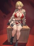  1girl arm_support belt bikini black_boots black_gloves blonde_hair blush boots breasts choker cleavage collarbone commission gloves highleg highleg_bikini jacket large_breasts looking_at_viewer navel open_clothes open_jacket open_mouth original pouch red_bikini red_choker seventeencrows short_hair sitting solo swimsuit thigh_strap wooden_box 