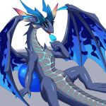  1:1 blue_body blue_claws blue_eyes claws cygames digitigrade dragalia_lost dragon erasmus_(dragalia_lost) featureless_crotch flame_markings food glistening glowing glowing_markings grey_body grey_scales licking looking_at_viewer markings membrane_(anatomy) membranous_wings nintendo scales scheme0241 solo tongue tongue_out video_games wings 