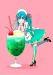  1girl 39 7meill alternate_costume apron aqua_eyes aqua_hair arm_rest black_footwear cherry closed_mouth commentary_request drinking_straw enmaided food frilled_skirt frills from_side fruit full_body garter_straps gloves gradient_hair hatsune_miku heart high_heels highres ice_cream ice_cream_float juliet_sleeves leaning_forward leg_up long_hair long_sleeves looking_at_viewer maid minigirl multicolored_hair petticoat pink_background puffy_short_sleeves puffy_sleeves short_sleeves simple_background skirt smile soda solo standing standing_on_one_leg striped striped_legwear twintails vocaloid waist_apron waitress white_gloves 
