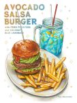  artist_name avocado_slice burger commentary drink food food_name french_fries fruit highres jar lemon lemon_slice lemonade lettuce may_illust5 meat no_humans original plate skewer star_(symbol) symbol-only_commentary 