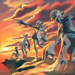  4girls angel_at_dusk ass biopunk breasts carapace cliff cloud cloudy_sky high_heels kneeling monster_girl multiple_girls official_art oversized_forearms oversized_limbs reaching sky small_breasts standing sun toguromaki_kumoyuki 