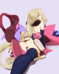  1girl ass blonde_hair blush book closed_mouth detached_sleeves english_commentary feguimel green_eyes hat headwear_removed high_heels long_hair looking_at_viewer magilou_(tales) mismatched_legwear pointy_ears simple_background solo tales_of_(series) tales_of_berseria thighhighs tongue tongue_out witch_hat 