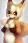  anthro big_eyes breasts brown_eyes canid canine chest_tuft chibi countershading dipstick_ears dipstick_tail eiminsansan featureless_breasts female fluffy fluffy_tail fox fur gloves_(marking) hair half-length_portrait hi_res kemono looking_at_viewer mammal markings multicolored_body multicolored_ears multicolored_fur multicolored_tail nude open_mouth portrait solo standing tuft white_body white_countershading white_fur white_hair yellow_body yellow_fur たまかけご 